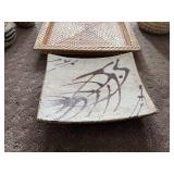 Decorative Basket and Pottery Collection Including Woven Vessels, Painted Plate, and Faux Floral Arrangement