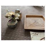 Decorative Basket and Pottery Collection Including Woven Vessels, Painted Plate, and Faux Floral Arrangement