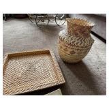 Decorative Basket and Pottery Collection Including Woven Vessels, Painted Plate, and Faux Floral Arrangement