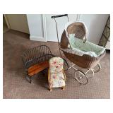 Vintage Wicker Doll Pram with Miniature Settee and Floral Armchair