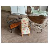 Vintage Wicker Doll Pram with Miniature Settee and Floral Armchair