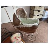 Vintage Wicker Doll Pram with Miniature Settee and Floral Armchair