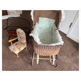 Vintage Wicker Doll Pram with Miniature Settee and Floral Armchair