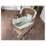 Vintage Wicker Doll Pram with Miniature Settee and Floral Armchair