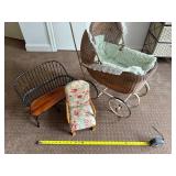 Vintage Wicker Doll Pram with Miniature Settee and Floral Armchair