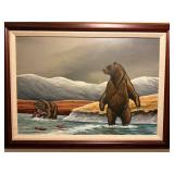 Framed Wildlife Painting by R. Schiebel 2004 Grizzly Bears Fishing in River