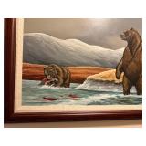 Framed Wildlife Painting by R. Schiebel 2004 Grizzly Bears Fishing in River