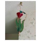 Stained Glass Hanging Tulip Flower and Hummingbird Decoration