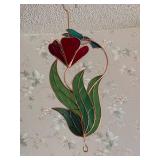 Stained Glass Hanging Tulip Flower and Hummingbird Decoration