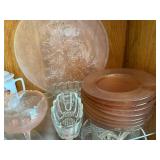 Collection of Vintage Glassware, Pink Plates, Bowls, and Decorative Pieces