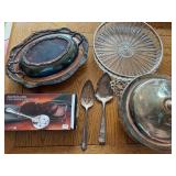 Collection of Silver Plated Serving Pieces and Crystal Tray