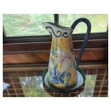 Hand-Painted Ceramic Pitcher with Floral Design and Matching Plate, 12 Inch