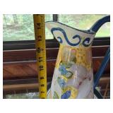 Hand-Painted Ceramic Pitcher with Floral Design and Matching Plate, 12 Inch