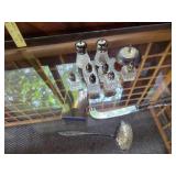 Vintage Glass Salt and Pepper Set with Shakers, Condiment Dish, Knife, and Spoon