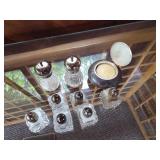 Vintage Glass Salt and Pepper Set with Shakers, Condiment Dish, Knife, and Spoon