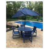 Outdoor Patio Table Set with 4 Blue Chairs and Umbrella
