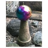 Decorative Etched Garden Pedestal with Iridescent Gazing Ball