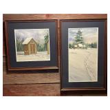 Set of 2 Framed Mary Ostazeski Winter Landscape Watercolors (1998)
