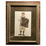 Framed Watercolor Artwork of Accordion Player in Traditional Attire