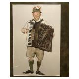 Framed Watercolor Artwork of Accordion Player in Traditional Attire