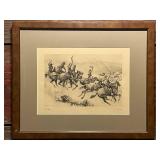 Framed R.H. Palenske Etching Pay Day Cowboy Western Art