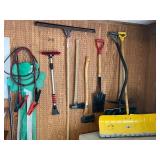 Collection of Garden and Snow Tools with Jumper Cables and Animal Trap