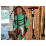 Collection of Garden and Snow Tools with Jumper Cables and Animal Trap