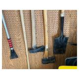Collection of Garden and Snow Tools with Jumper Cables and Animal Trap
