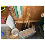 Collection of Garden and Snow Tools with Jumper Cables and Animal Trap