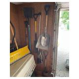 Collection of Shovels, Garden Tools, and Oscillating Sprinkler