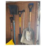 Collection of Shovels, Garden Tools, and Oscillating Sprinkler
