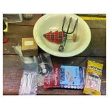 Mixed Garage and Pest Control Lot with Rat Trap, Cable Ties, Bowl, and Garden Fork