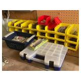 Collection of Assorted Nails, Screws, Hardware Bins, and Organizers