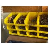 Collection of Assorted Nails, Screws, Hardware Bins, and Organizers