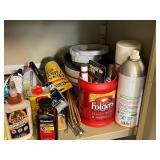 Workshop Supply Lot with Adhesives, Solvents, Tapes, and Brushes