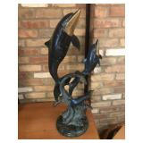 San Pacific Intl Dolphin Bronze Sculpture with Marble Base, 29 Inch