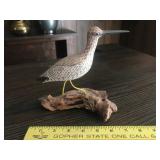 Hand-Carved Wooden Shorebird Decor on Driftwood Base