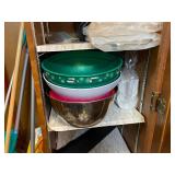 Kitchen Cabinet Contents with Bowls, Cups, Pots, Cleaning Tools and Supplies
