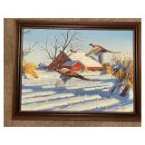 John Green 1970 Signed Winter Farm Scene Painting with Pheasants