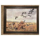 Framed Goose Hunting Oil Painting with Hunters in Field