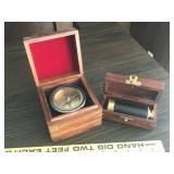 Vintage Style Compass and Telescope Set in Wooden Boxes