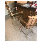 Pair of Vintage Swivel Bar Stools with Brown Vinyl Upholstery and Wood Accents
