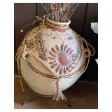 Large Hand-Painted Mexican Pottery Vase with Floral Motif and Stand