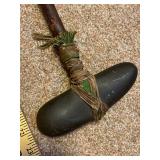 Vintage Native American Stone Hammer with Wood Handle and Leather Binding