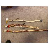 Set of 3 Hand-Carved Eagle Head Walking Sticks with Feathers and Dreamcatcher