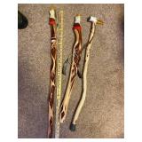 Set of 3 Hand-Carved Eagle Head Walking Sticks with Feathers and Dreamcatcher