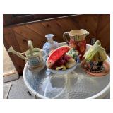 Decorative Tabletop Collection with Ceramic Pitcher, Vase, Birdhouse, Faux Fruit, and Watering Can