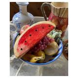 Decorative Tabletop Collection with Ceramic Pitcher, Vase, Birdhouse, Faux Fruit, and Watering Can