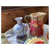 Decorative Tabletop Collection with Ceramic Pitcher, Vase, Birdhouse, Faux Fruit, and Watering Can
