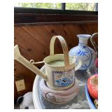 Decorative Tabletop Collection with Ceramic Pitcher, Vase, Birdhouse, Faux Fruit, and Watering Can